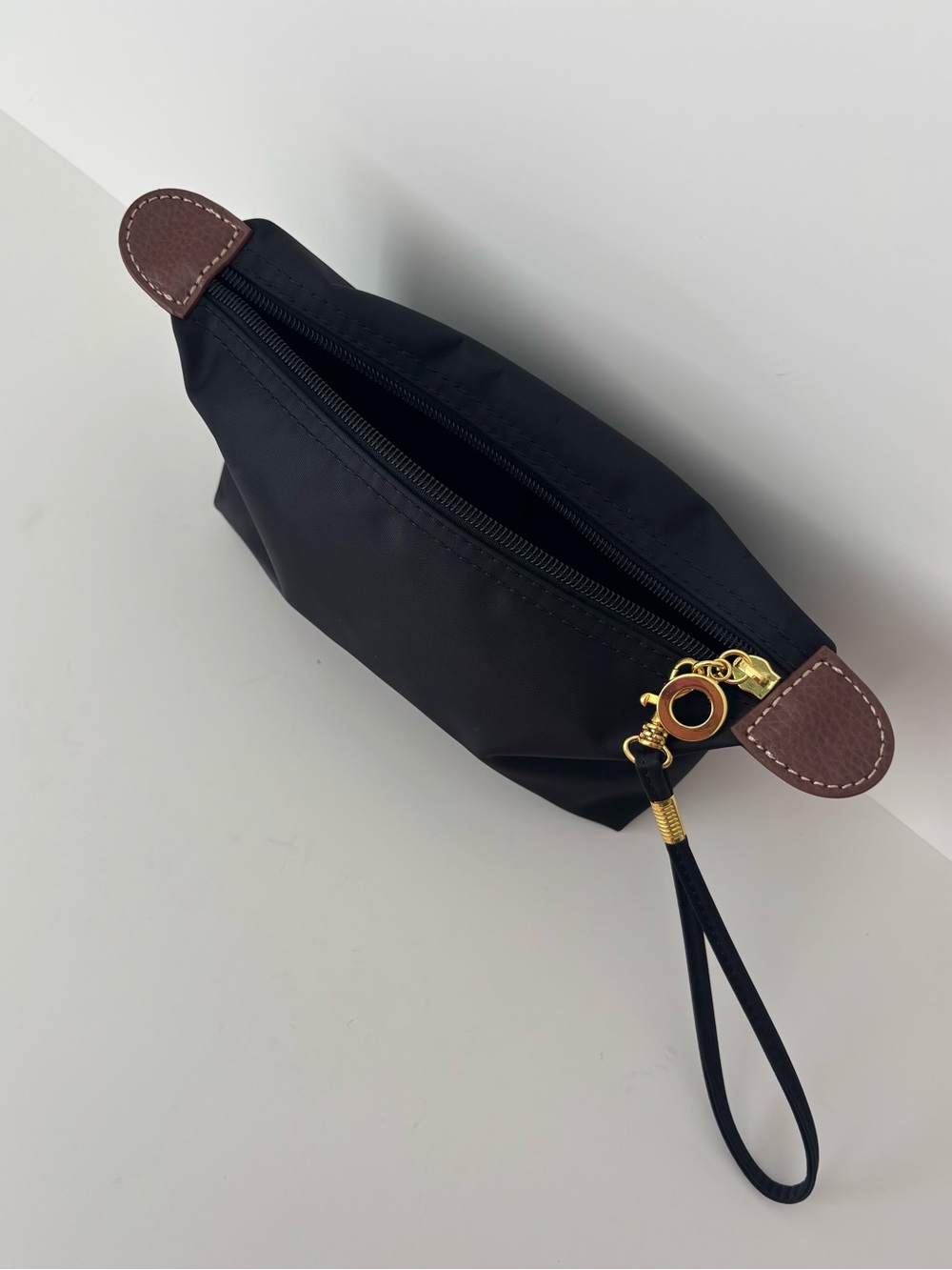 Black Wristlet Pouch with Brown Trim